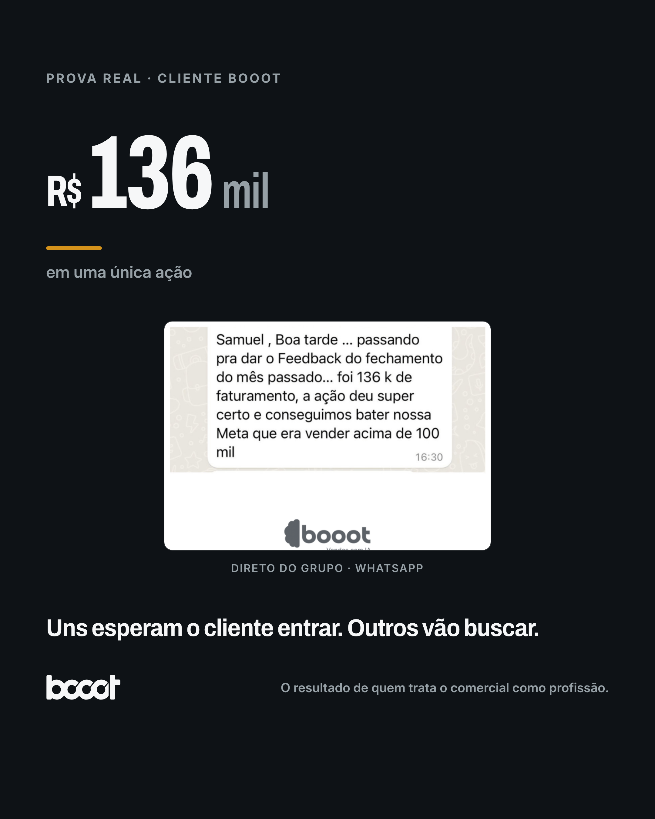 Cliente BOOOT · R$136 mil em uma única ação · print real do grupo